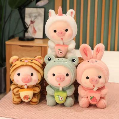 China Kids Toy Gift Wholesale Soft High Quality Animal Plushie Doll Pink Pig Bubble Tea Milk Stuffed Pig Unicorn Tiger Frog Doll Plush Toy for sale