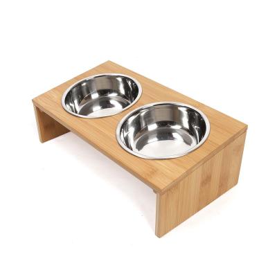 China Automatic Bamboo Raised Dog and Cat Pet Feeder Bowls Raised Stand Feeding Station Tray Waterer with Double Stainless Steel Bowl Dish for sale