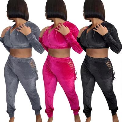 China New Korean Washable Black Winter Ladies Rose Fashion Wholesale cashmere hoodie zipper leisure sports suit pants two-piece set for sale