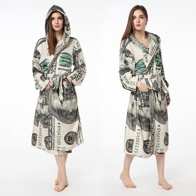 China The new style thermal US dollar printed home wear women's hooded long robe warm flannel night bathrobe for sale