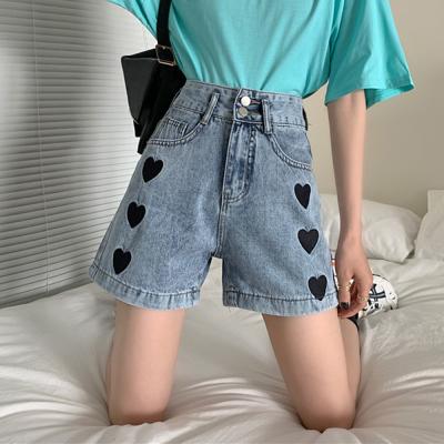 China 2022 Summer New Anti-wrinkle Women's Love Embroidered Jeans High Waist Thin Straight Leg Pants Shorts Women Shapes Women Wear for sale