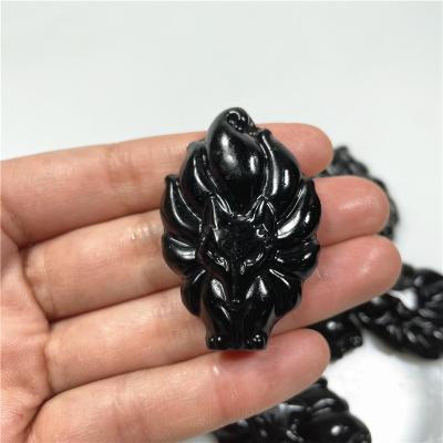 China Handcrafted Black Obsidian Crystal Nine Tail Fox Carving from China for pendant or gift for sale