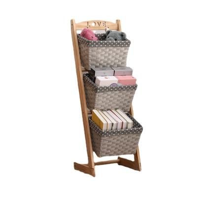 China Good Quality Vertical Miscellaneous Sundries Storage Basket Rack Rack Wooden Standing Organizer Tower Rack for sale