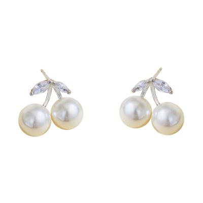 China Cute AOSHAN factory Fashionable sweet and versatile 925 sterling silver cherry pearl cute fruit-shaped zircon earrings for sale