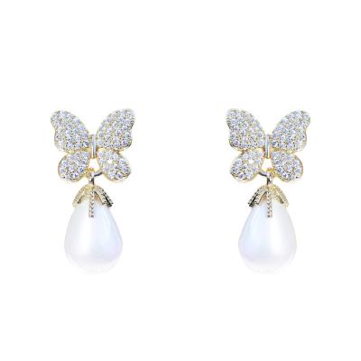 China TRENDY AOSHAN factory custom Luxury versatile temperament 925 silver needle zircon butterfly pearl water drop earrings jewelry women for sale