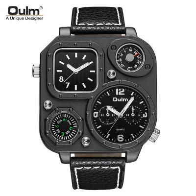 China Water Resistant Oulm HP1169 Classic Black Sport Watches Two Time Zone Mens Quartz Wristwatches Decorative Compass Leather Casual Male Watch for sale