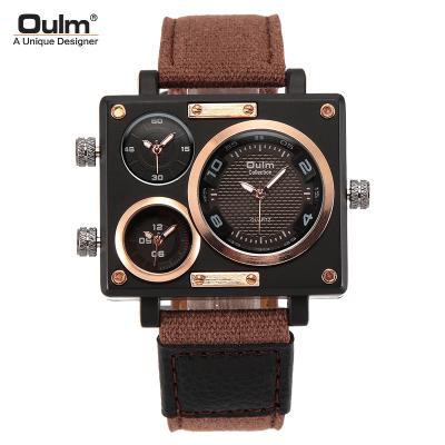 China Non-specific Oulm HP3595 canvas watches men's three time zone for large size outdoor square dial watch quartz travel male wristwatch for sale