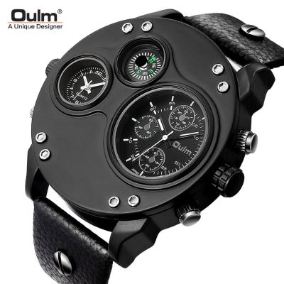 China Non-specific unique Oulm men watches leather strap casual men's wristwatch two time zone luxury brand quartz watch relogio masculino masculino for sale