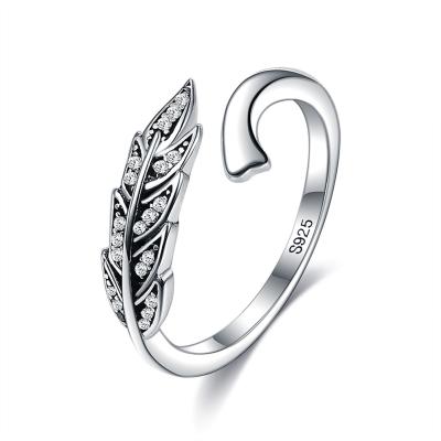 China Feather S925 sterling silver open women's ring with diamond leaf ring factory direct sales for sale