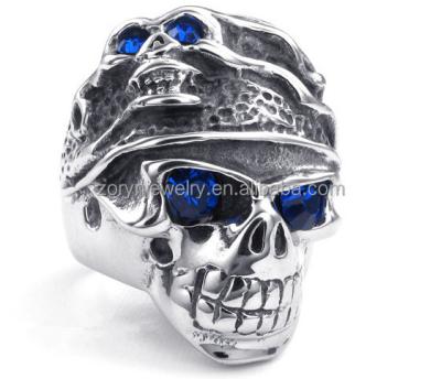 China Hiphop 316Stainless Steel Two Head Skull Blue Eye Ring Vintage Biker Jewelry Gothic Rings For Men for sale