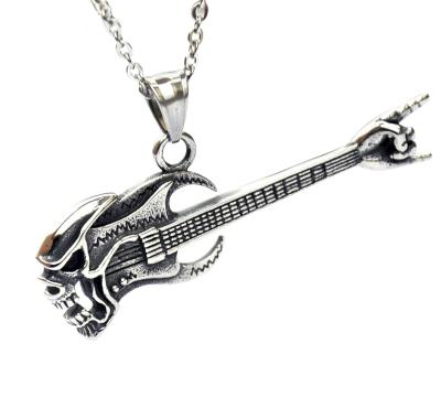 China FASHIONABLE Wholesale Retro Stainless Steel Skull Chain Necklaces Music Jewelry Guitar Pick Pendant Necklace for sale