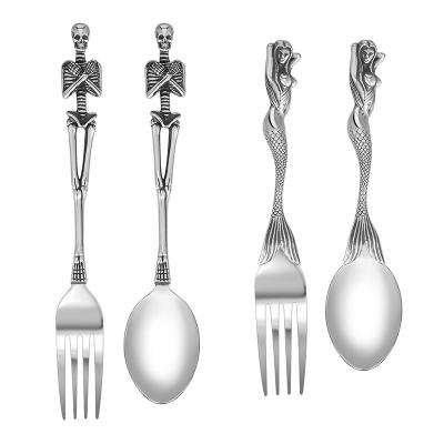 China Hiphop Personality Skull Metal 2 Dinnerware Set, Metal Flatware Gothic Stainless Skeleton Forks Spoons, Mermaid Spoon Flatware Set for sale