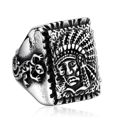 China Punk Men's Main Band Ring Stainless Steel Square Rings Indian Chief Horn Ring Jewelry for sale