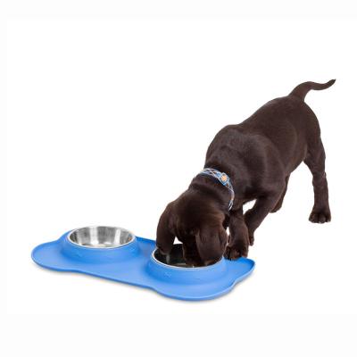 China 2022 Hot Viable Amazon Sales Pet Food Bowl Pet Feeding Mat Silicone Pet Mat With Double Bowls For Cats And Dogs for sale