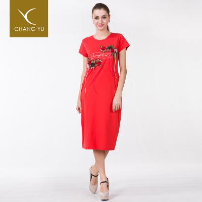 China Women Anti-Static Round Neck Short Sleeve Red Color Printed Clothing Women Dress for sale