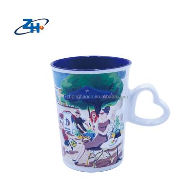 China Heart Handle Sandstone Juice Cups With Hand Drawing Large Viable V Shaped Print for sale