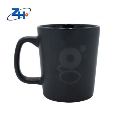 China High Qualilty Sustainable Matte Ceramic Black Coffee Mugs With Customized White Logo Printing for sale