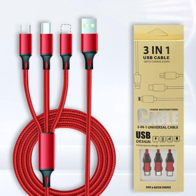 China Quick Charge Nylon Woven Drag Three Data Cable Multi Head 2A Fast Charging Three In One Mobile Phone Cable Charging Logo for sale