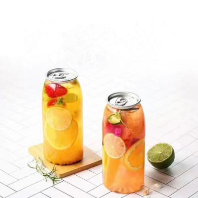 China PET 250ml 350ml 500ml clear plastic beverage cans for beer or juice with aluminum easy open lid for sale