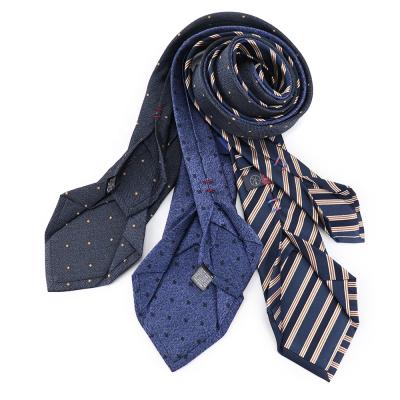 China 100% New Handmade Custom Woven Embroidered Geometric Polka Dot Blue Suit Accessories Fashion 7 Fold Silk Ties For Men for sale