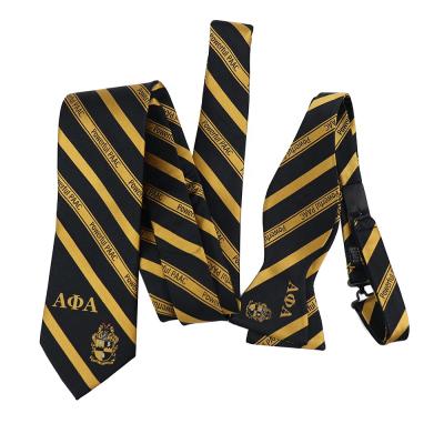 China 100% Silk Woven Striped Ties Fraternity Logo Custom Tie Set High Quality Handmade Men's Black Gold From Top Supplier for sale