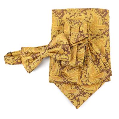 China 100% Handmade Fashions Custom Design Yellow Paisley Woven Jacquard Microfiber Scarf Neckerchief And Polyester Bow Tie Set for sale