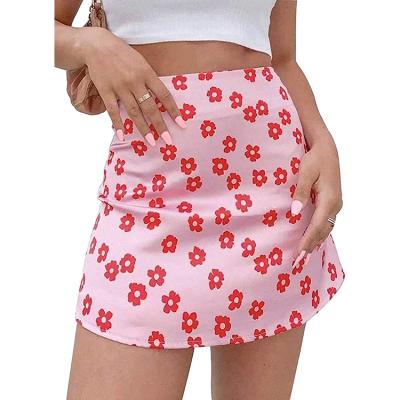 China Breathable Women Wholesale High Quality Casual Floral Printing Waist Silk Satin Zipper High Back A Line Mini Short Skirt for sale