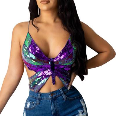 China Breathable Women Sparkle Cross Back Dance Cami Crop Top Shiny Sequin Butterfly Halloween Costume Outfit for sale