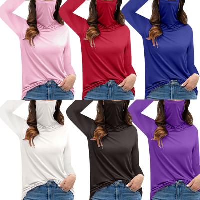 China Wholesale Customized Logo Women Anti Pilling Blouse With Face Covering Solid Color Long Sleeves Turtle Neck T Shirt For Autumn Dailywear for sale