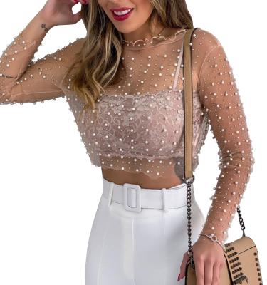 China Anti-pilling Women's Rhinestone Pearl See Through Long Sleeve Mesh Blouse Two Piece Cover Up Crop Top for sale