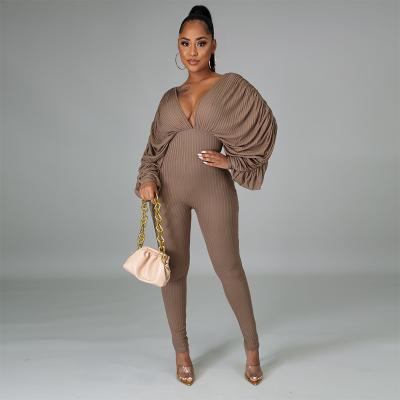 China Breathable Bat Wing Bubbling Deep V Neck High Waist Long Sleeve One Piece Overalls for sale