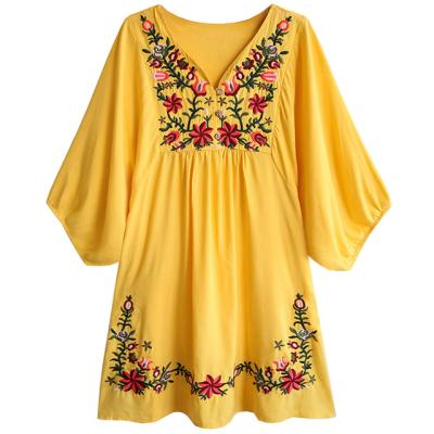 China Breathable Women's Floral Embroidery Mexican Dresses Tunic Shirt Flowy Bohemian Mini Blouse Shift for sale