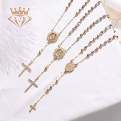 China Environmental Friendly Tricolor Brass Gold Plated Guadalupe Virgin Slavic and St Bennedict Rosary Jewelry Crystal Stone Cross Y Necklace for sale