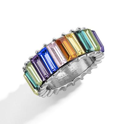 China New Product Trendy Couples Jewelry Multi Color Rainbow Crystal Rings Fashion Geometric Colorful Zircon Eternity Band Ring for sale