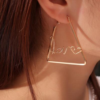 China Trendy Fashion Geometric Metal Triangle Stud Earrings Personality Letter Love Circle Hollow Earrings Women for sale