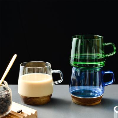 China Viable Glass Coffee Mugs With Acacia Wood Base 12oz Coffee Mug Large Wide Mouth Glass Mugs Clear Coffee Cup With Handle for sale