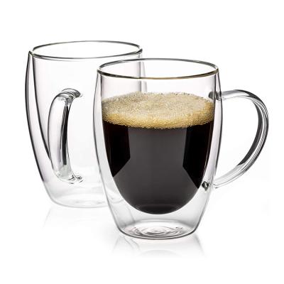 China Sustainable 12oz Double Wall Glass Coffee Mugs With Handle Cappuccino Insulated Cup Coffee Tea Glass Glass for sale