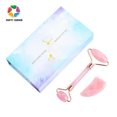 China Face massage Jade Roller Gua Sha Wholesale mounted quartz jade roller gua facial sha set for skin care for sale