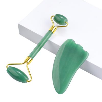 China Massager Jade Roller Gua Sha Face Set 100% Jade Stone Green Aventurine Roller Natural Jade GuaSha Massage Tool for sale