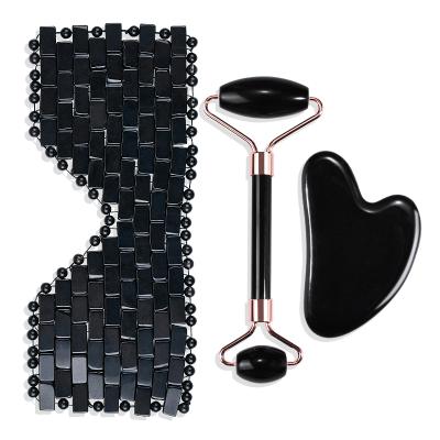 China Face Obsidian Jade Roller Gua Sha Stone Eye Mask Beauty Guasha Massager Tool Kit/Black Jade Roller Gua Sha Set Face Body Massager for sale