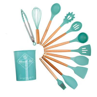 China Wholesale High Quality Stocked Kitchen Utensils Set Silicone Cooking Utensils Set With Wooden Handle for sale