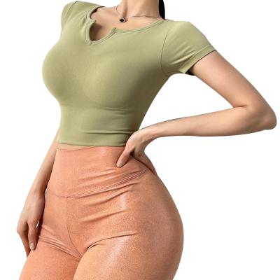 China Fitted Gym Padded Breathable Women's Sportswear Sexy Yoga Crop Tops Fitness Shorts Sleeve Workout Clothes T-Shirt for sale