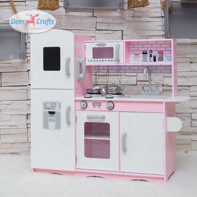 China New Design Kids Education Wooden Pink Kitchen Toy With Accessories Role Play Set For Children DC10664 for sale