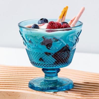 China Gedrukte Blauwe het Glas Dienende Kommen 230ml Gekleurd Mini Glass Trifle Bowls van 8oz Te koop