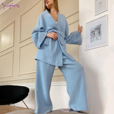 China Suphis Rocket Nightgown Long Robe Pajamas 100% Cotton Nightgown Pants Suits Drops Cotton Breathable Women's Nightgown 2 Pieces Women's Bathrobe Set for sale