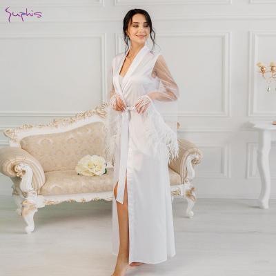 China Women's Winter 2022 Breathable Satin Bathrobe White Breathable Mesh Patchwork Sheer Flare Sleeve Home Suphis Long Robe Feathers Women's Maxi Robes With Sashes for sale