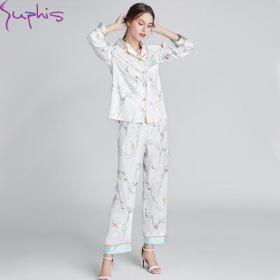 China SUPHIS Pijama Mujer Breathable Casual Female Home Wear Floral Silk Satin Printing Long Sleeve Women Sleepwear Summer Pajama Set for sale