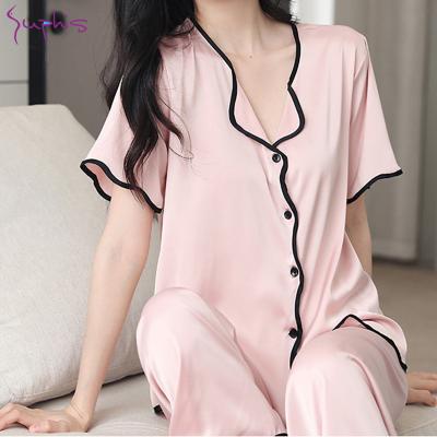 China SUPHIS Spring Fashion Women Pajamas Breathable Homewear Breathable Long Sleeve Ice White Silk V-Neck Pants New Pajamas Set Lady Sleepwear for sale