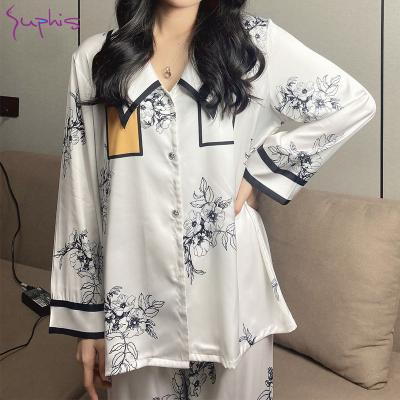 China SUPHIS Breathable Breathable 2 Pieces Pajama Sets Sleepwear Loungewear Set 2022 New Sexy Pijama Nightgown Pants Fits New Luxury Satin Women Pajamas for sale