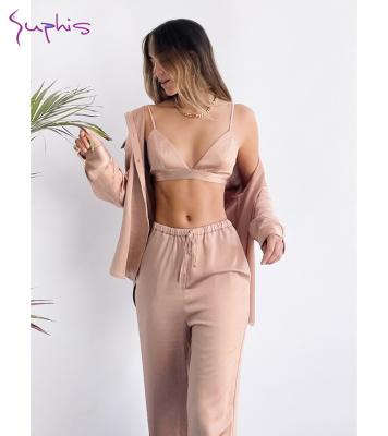 China Suphis Turn Down Collar QUICK DRY QUICK DRY Long Sleeve Tops Female Bra Sets With Pants Solid Home Wear Satin Casual Pajamas For Women 3 Piece Set for sale